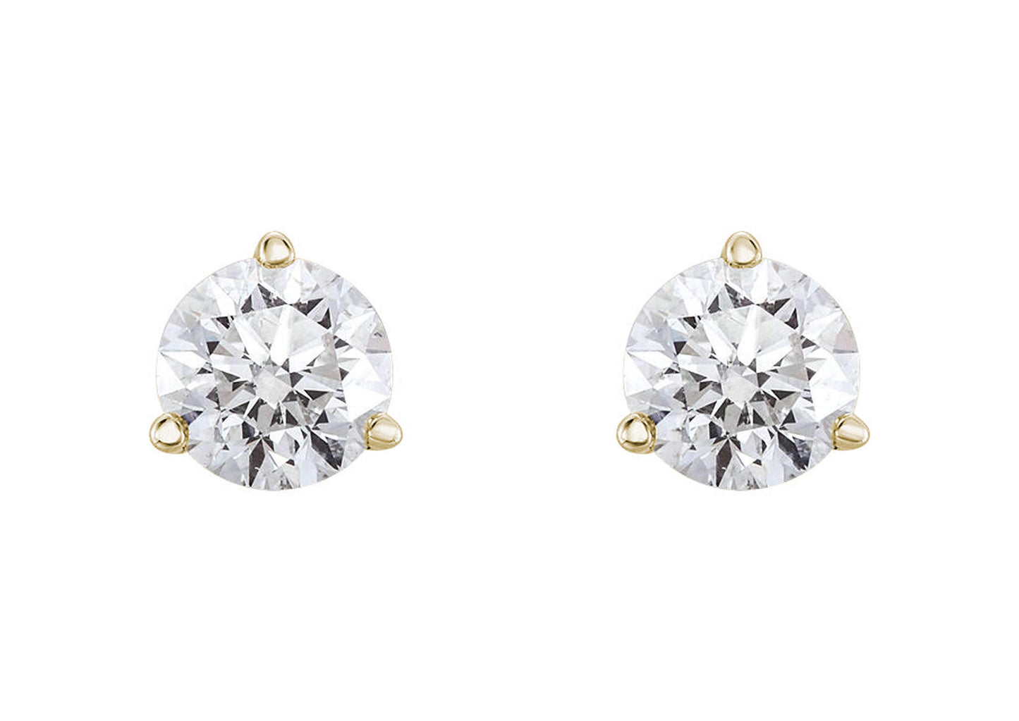 Three Prong Diamond Studs, Yellow Gold