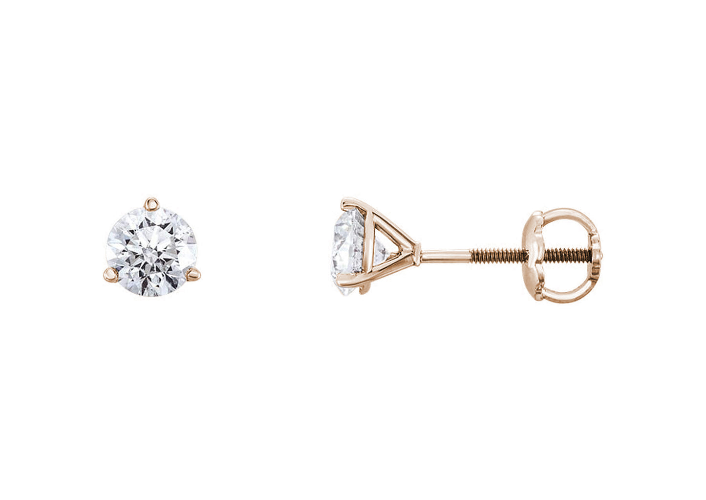 Three Prong Diamond Studs, Red Gold