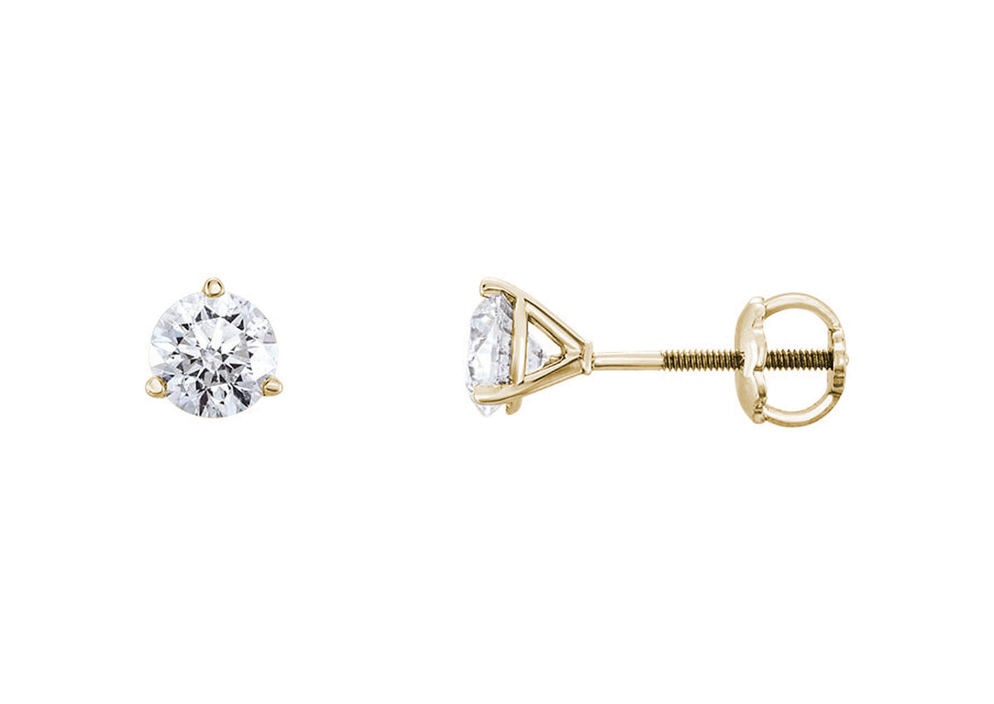 Three Prong Diamond Studs, Yellow Gold