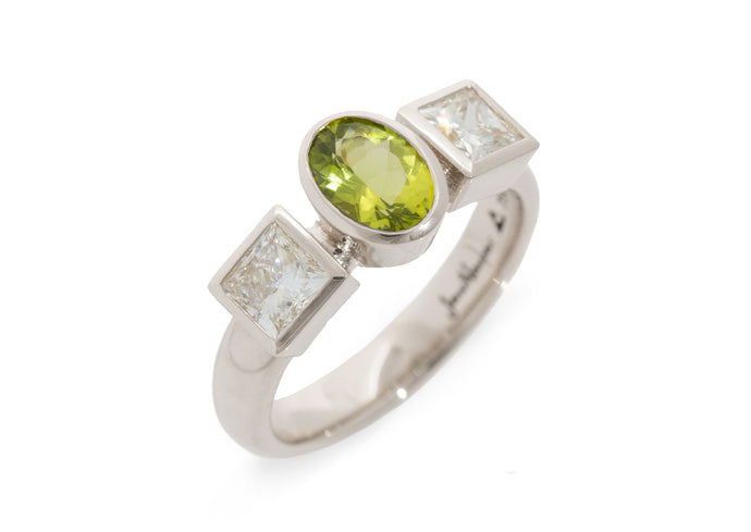 JW281 Diamond & Gemstone Three Stone Ring, White Gold & Platinum