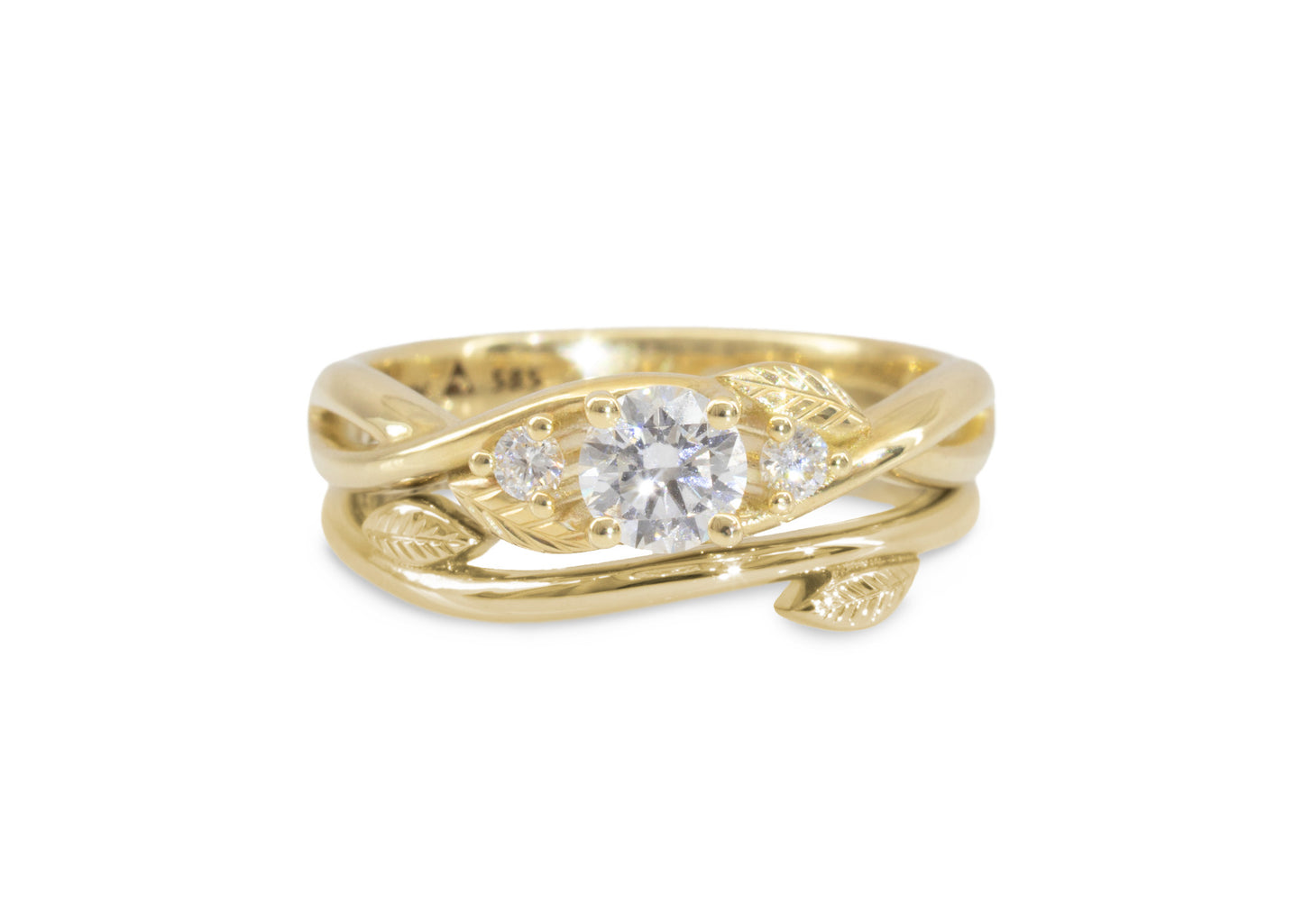 Three-Stone Round Diamond Elvish Vine Engagement Ring, Yellow Gold