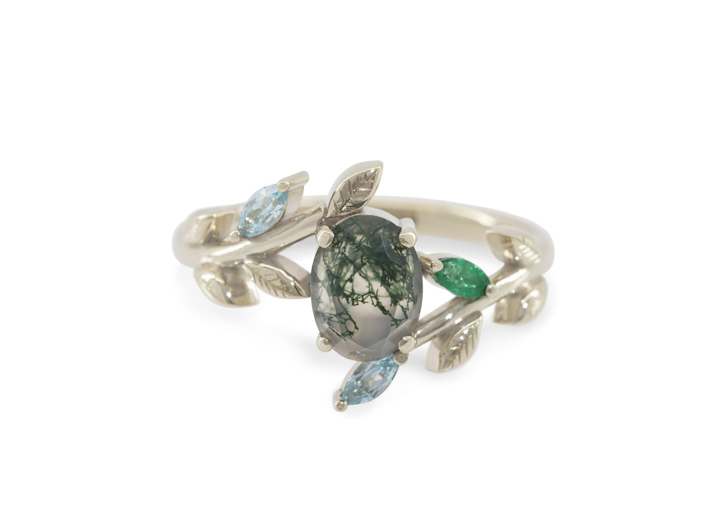 Moss Agate Vine Ring, White Gold