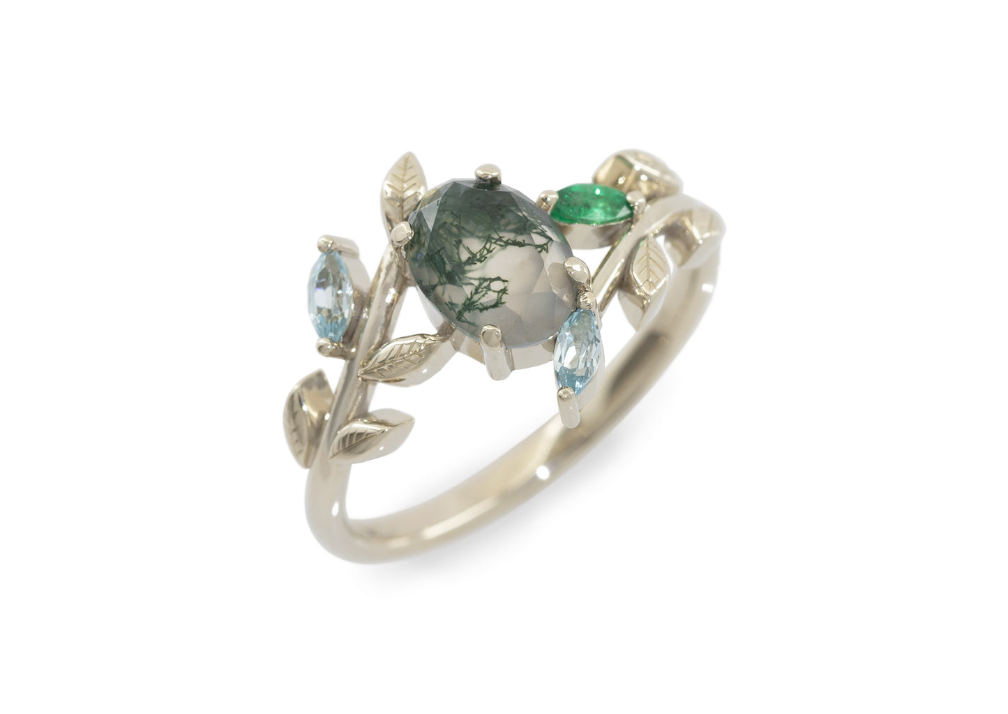 Moss Agate Vine Ring, White Gold