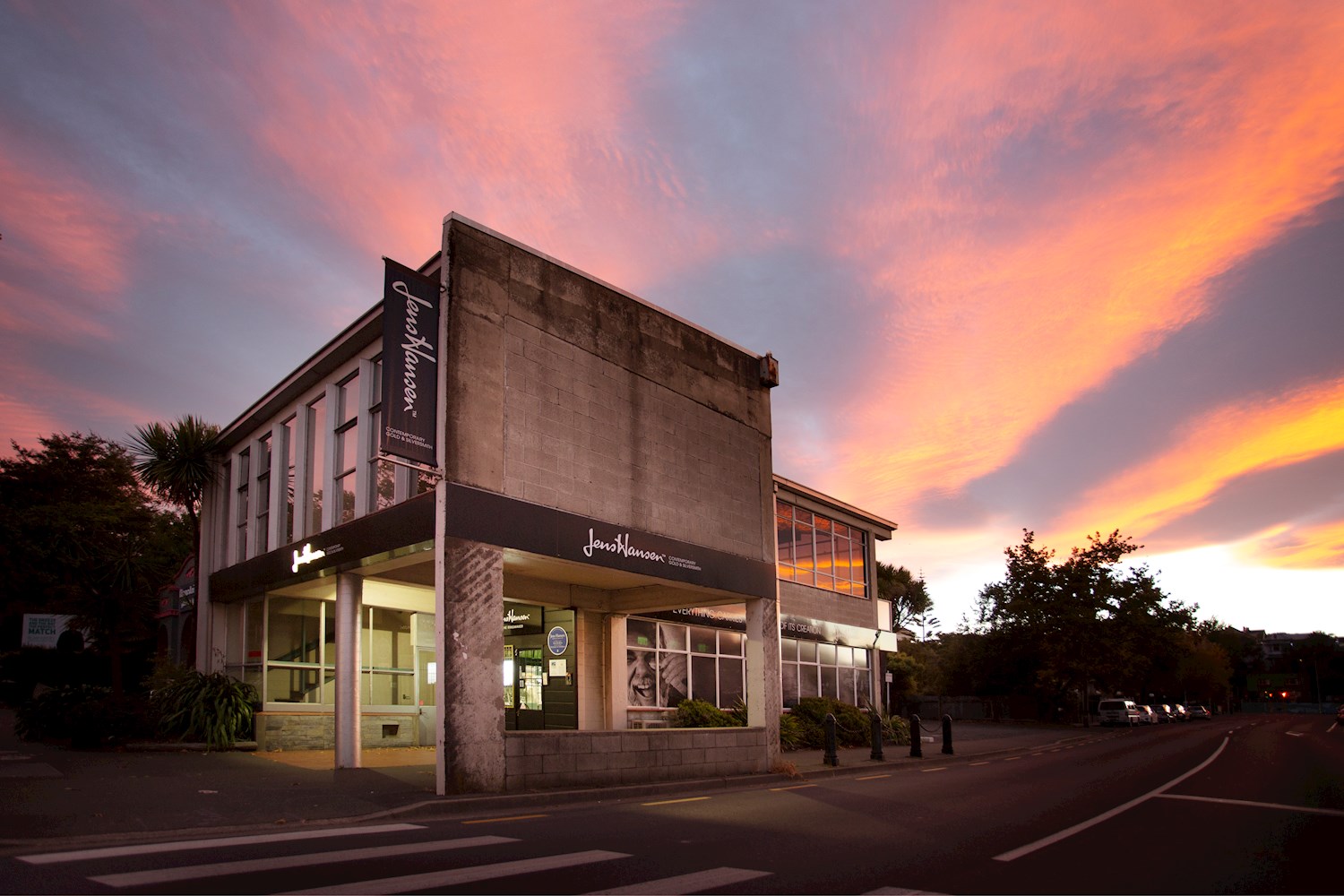 Sunset over the Jens Hansen studio workshop, 320 Trafalgar Square, Nelson , New Zealand. Photo credit John-Paul Pochin