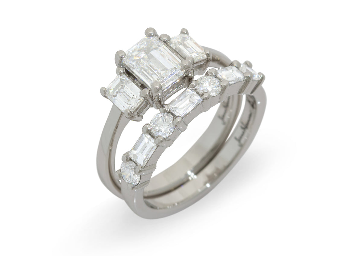 Custom 3 Stone Rectangle Diamond Engagement Ring, Platinum