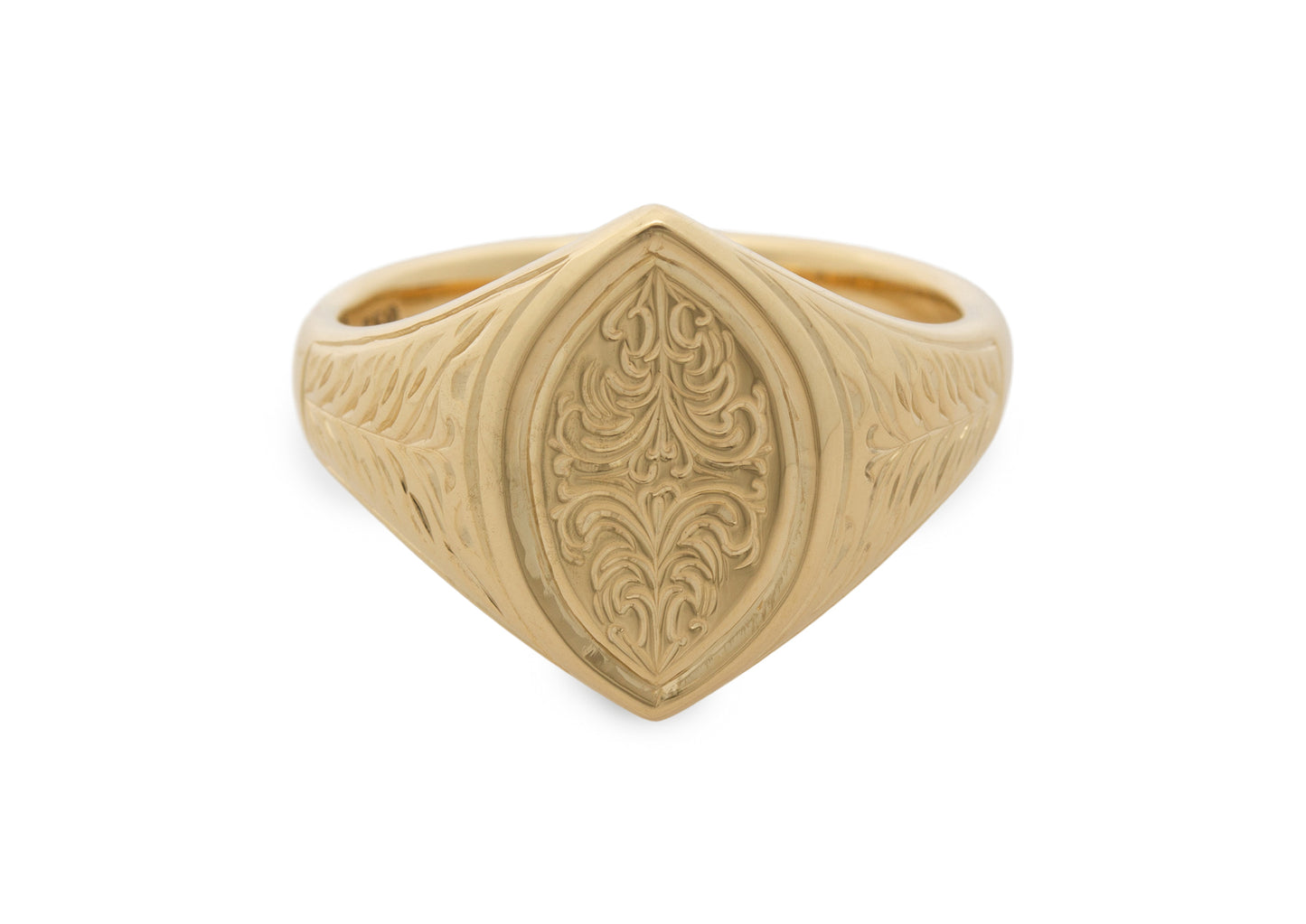 Navette Hand Engraved Signet Ring, Yellow Gold