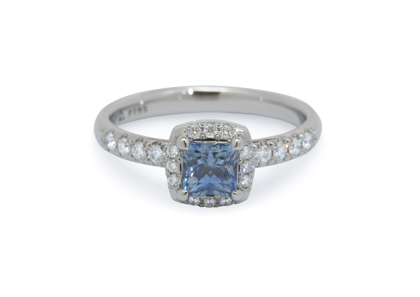 Custom Princess Sapphire & Diamond Halo Ring, Platinum