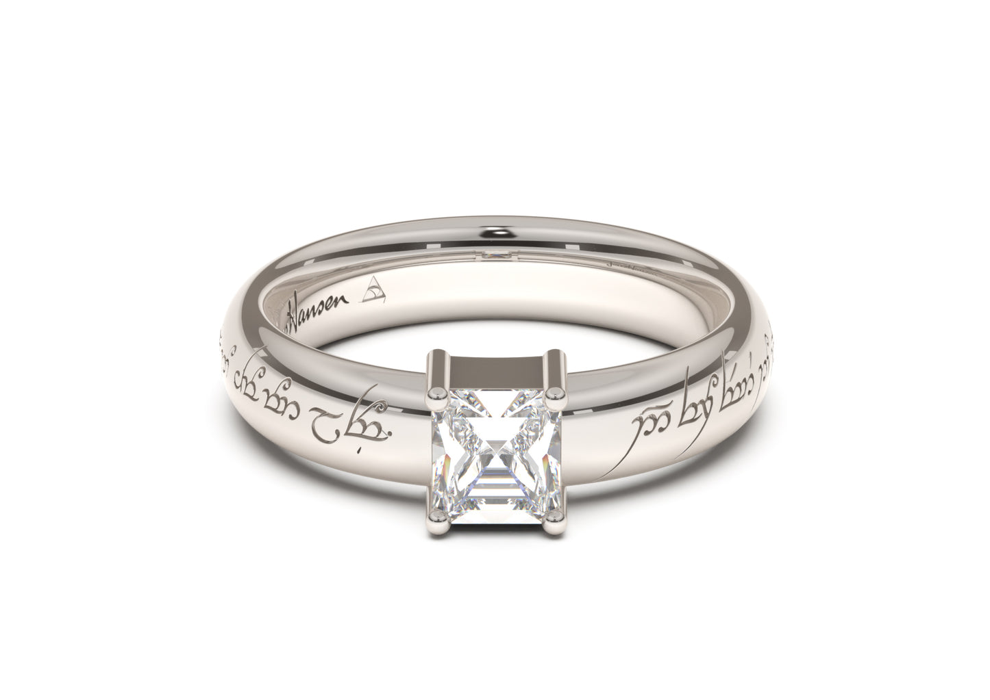 Emerald Cut Classic Elvish Engagement Ring, White Gold & Platinum