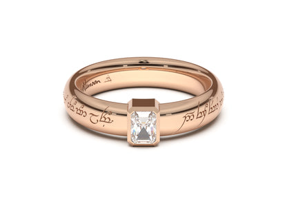 Emerald Cut Modern Elvish Engagement Ring, Red Gold