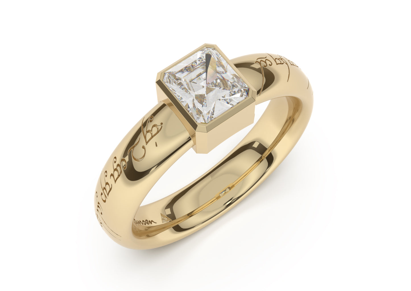 Emerald Cut Modern Elvish Engagement Ring, Yellow Gold