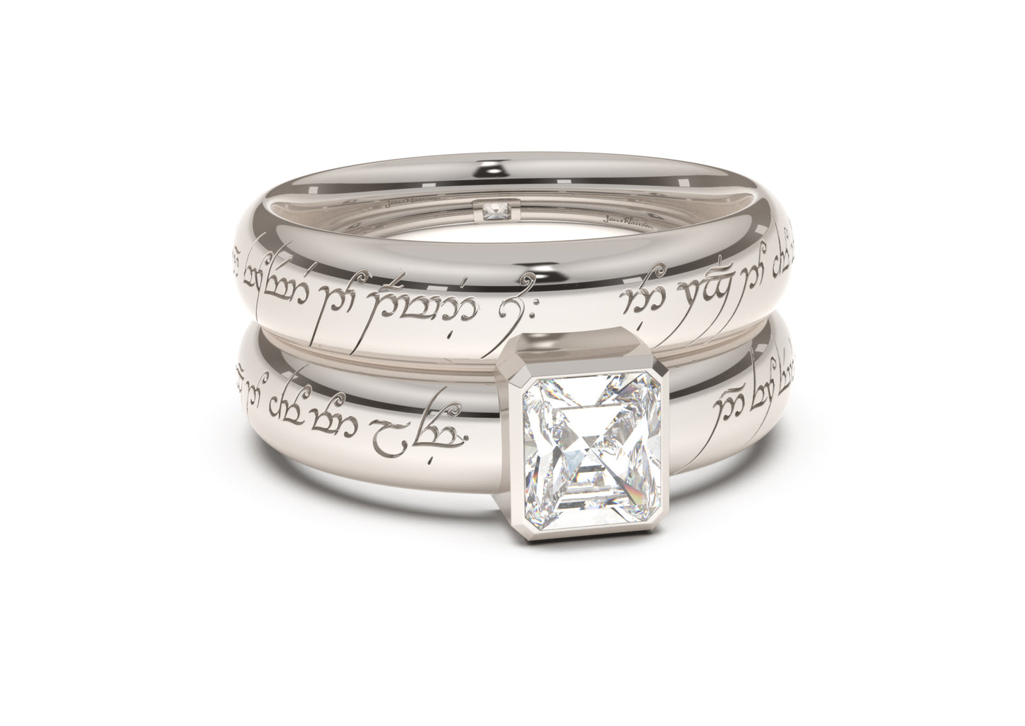 Emerald Cut Modern Elvish Engagement Ring, White Gold & Platinum