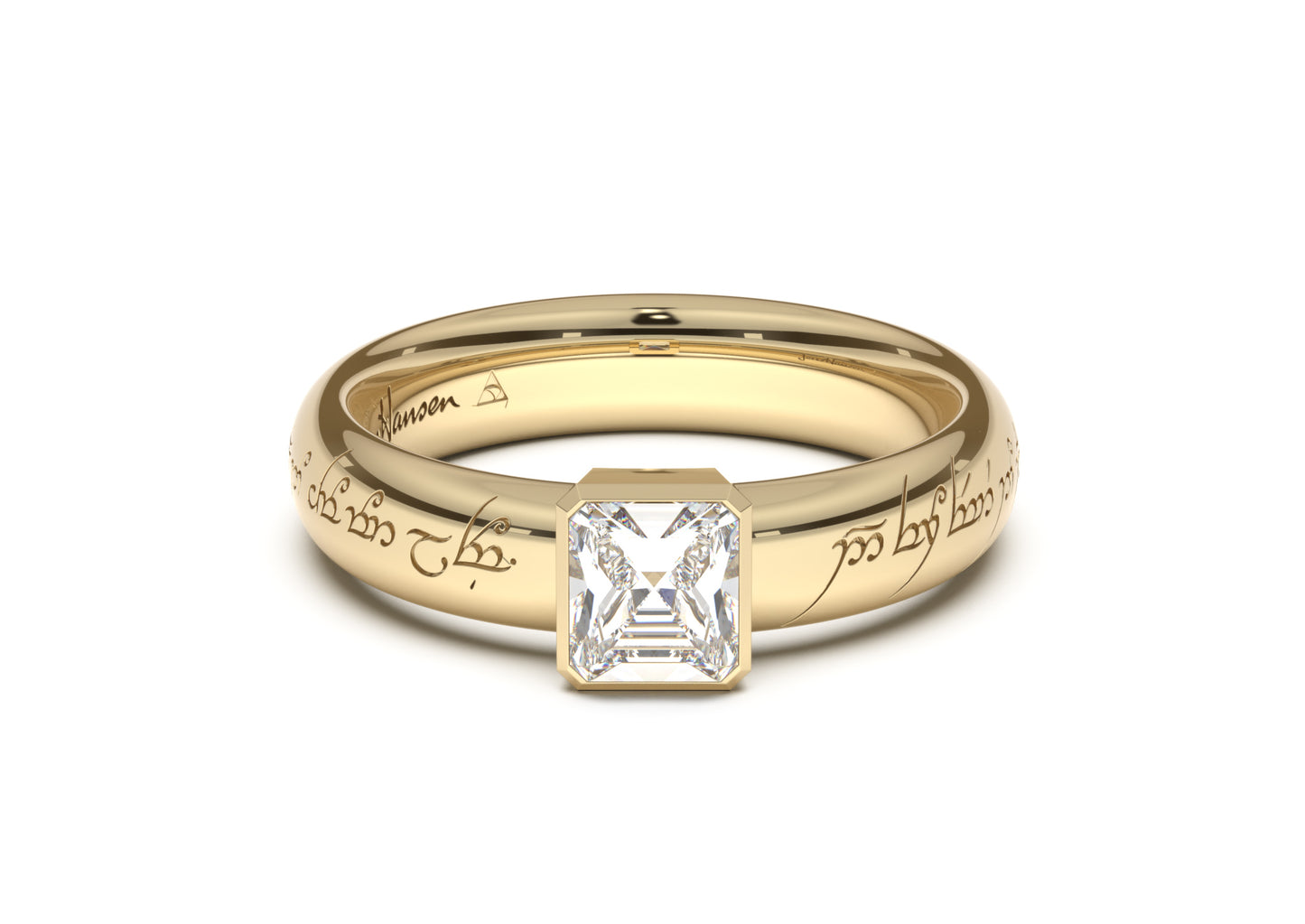 Emerald Cut Elegant Elvish Engagement Ring, Yellow Gold