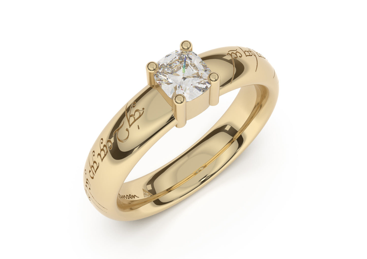 Cushion Classic Elvish Engagement Ring, Yellow Gold
