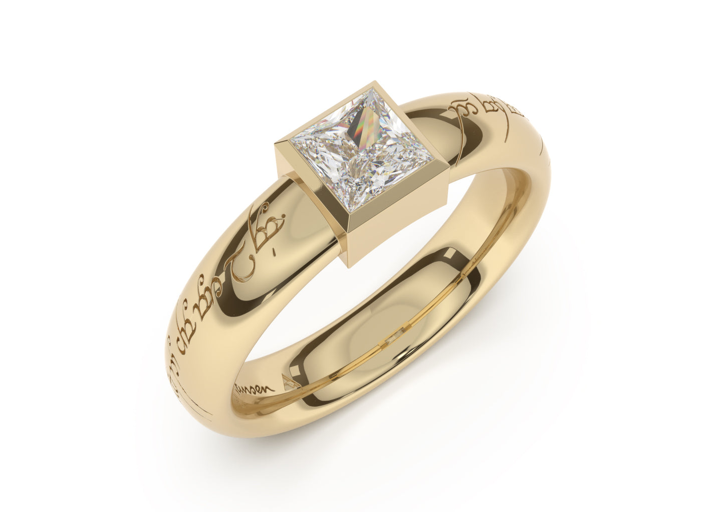 Princess Modern Elvish Engagement Ring, Yellow Gold