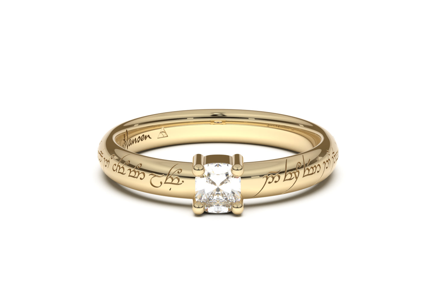 Cushion Classic Slim Elvish Engagement Ring, Yellow Gold