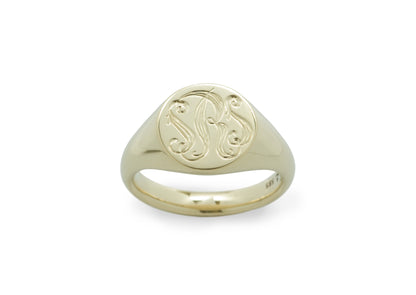 Hand-Engraved Round Signet Ring, Yellow Gold