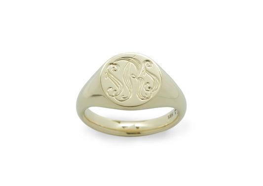 Hand-Engraved Round Signet Ring, Yellow Gold