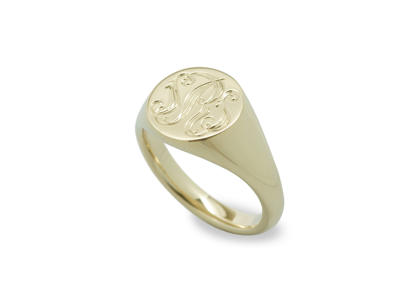 Hand-Engraved Round Signet Ring, Yellow Gold