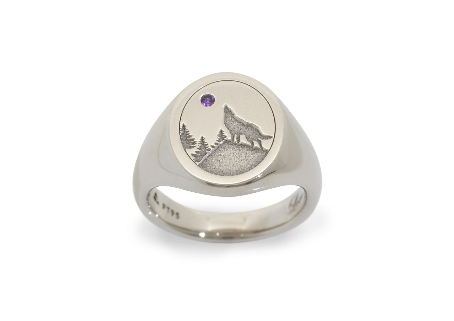 Custom Engraved Amethyst Signet Ring, Platinum