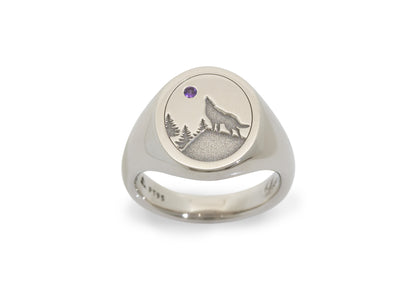 Custom Engraved Amethyst Signet Ring, Platinum