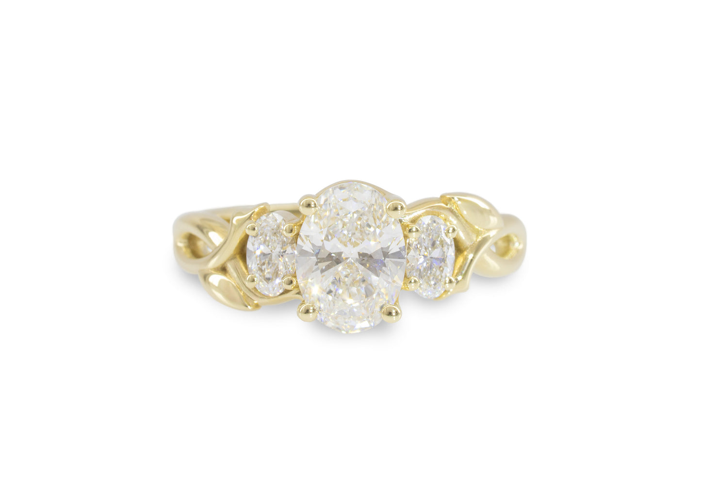 J3344 2-carat Oval Three-Stone Vine Engagement Ring, Yellow Gold