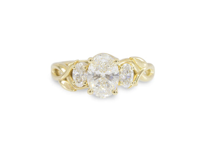 J3344 2-carat Oval Three-Stone Vine Engagement Ring, Yellow Gold