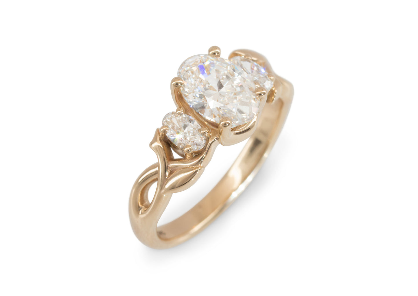 J3344 2-carat Oval Three-Stone Vine Engagement Ring, Red Gold