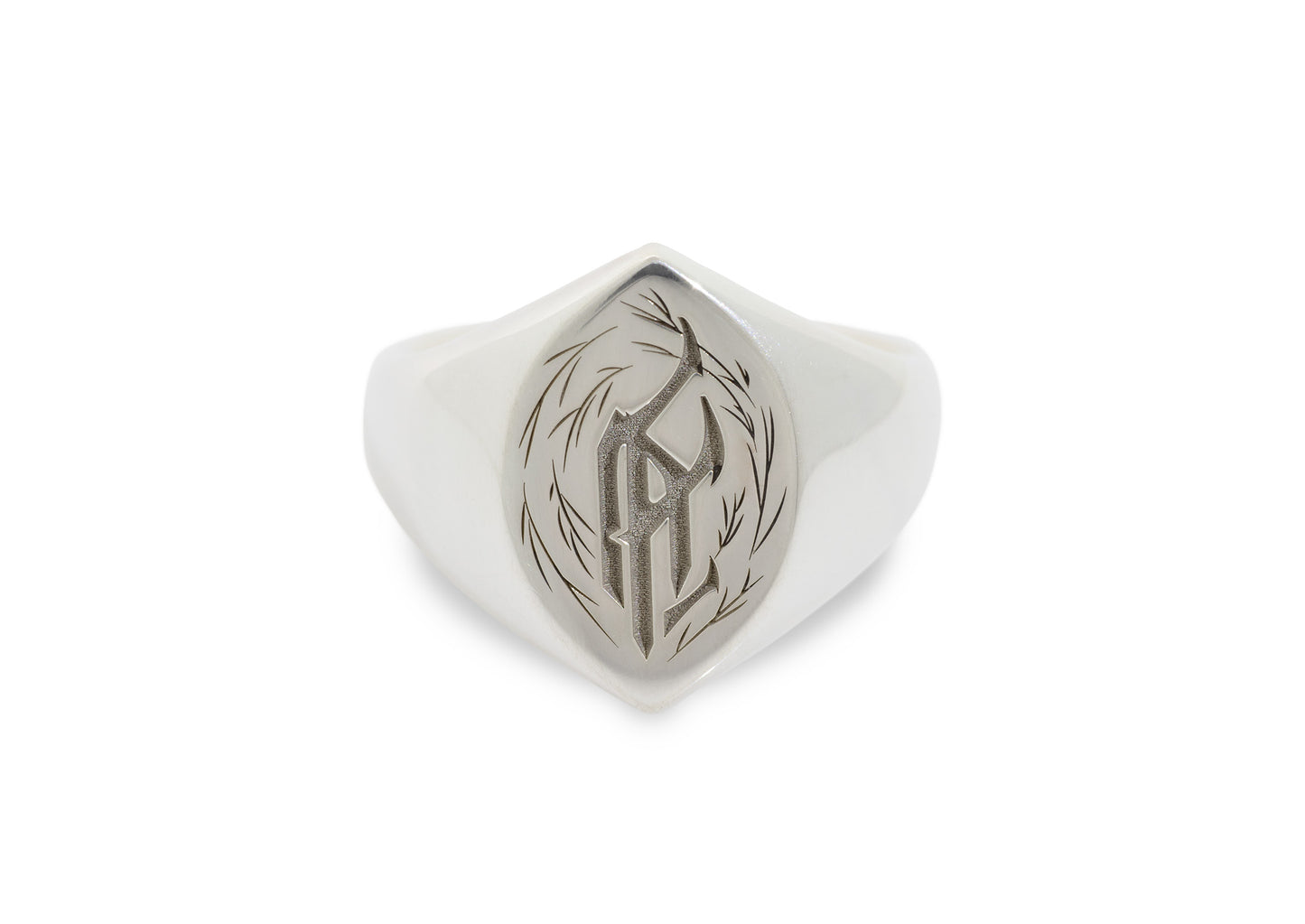 Rune Engraved Navette Signet Ring, Sterling Silver