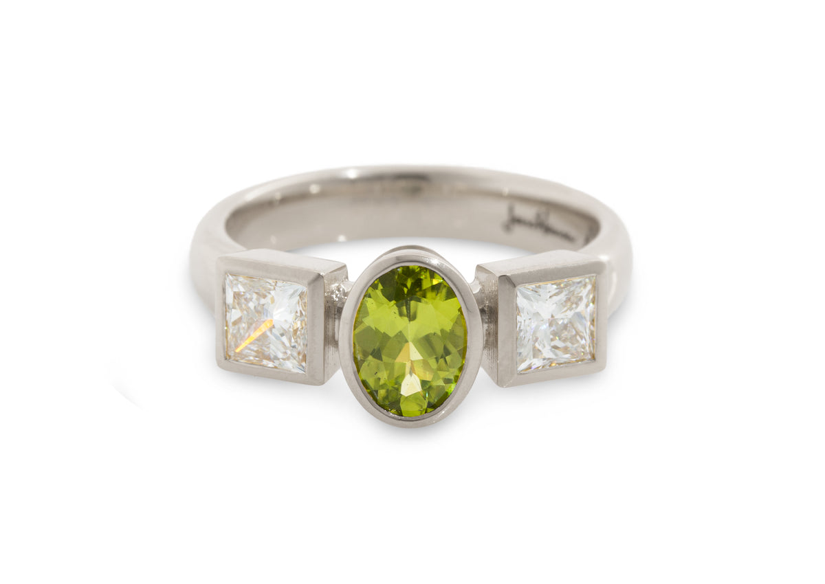 JW281 Diamond & Gemstone Three Stone Ring, White Gold & Platinum