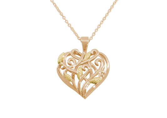 Elvish Heart Pendant, Red Gold with Yellow Gold Leaves