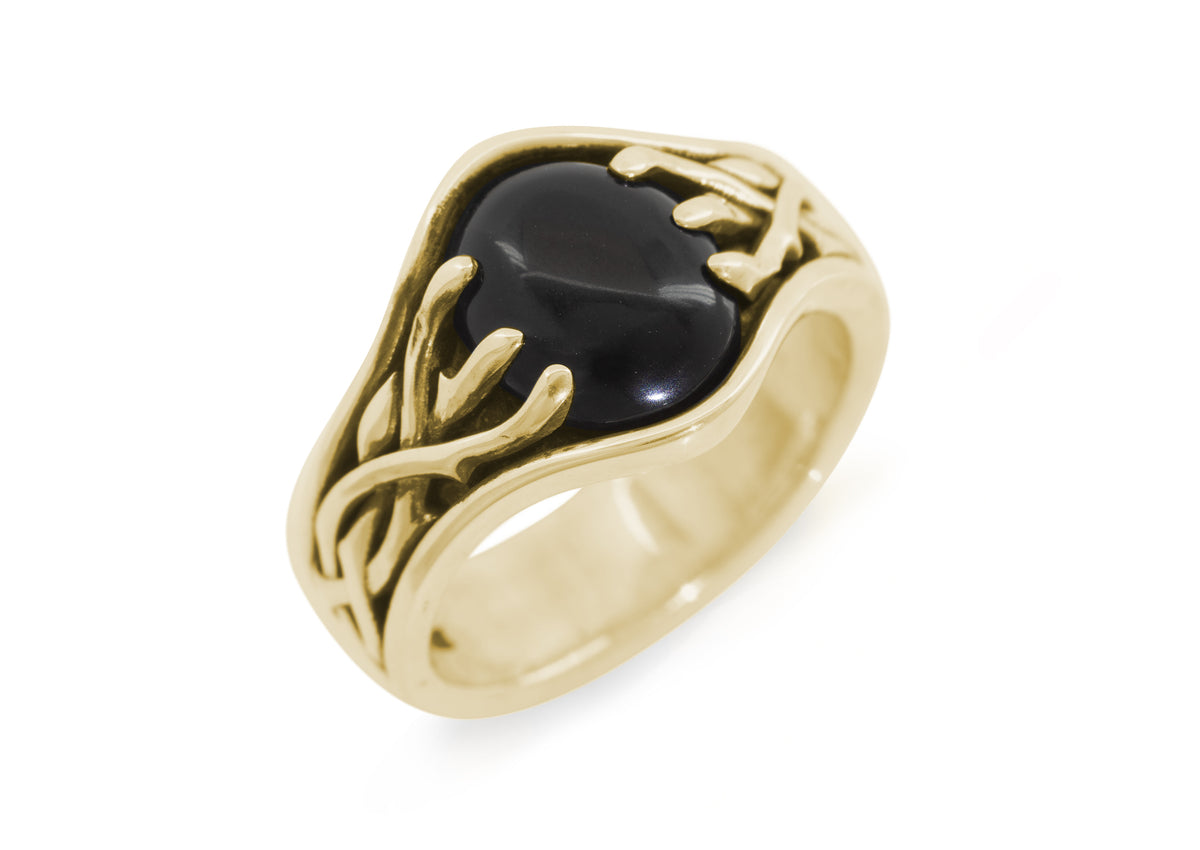 Elvish Woodland Gemstone Signet Style Ring, Yellow Gold