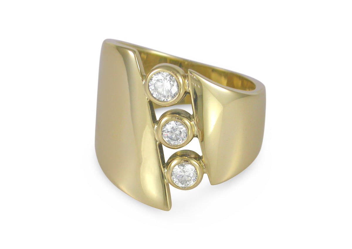 Asymmetric Three Stone Diamond Ring, Yellow Gold