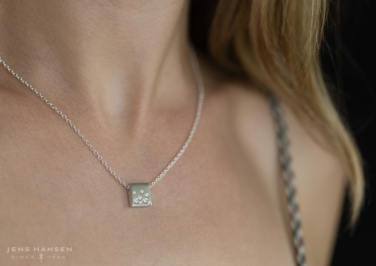 Square Love Stories Scattered Diamond Pendant, White Gold