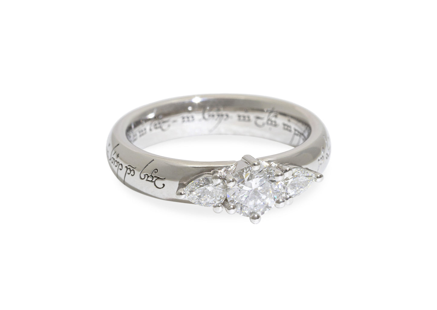 3 Stone Elvish Engagement Ring, Platinum