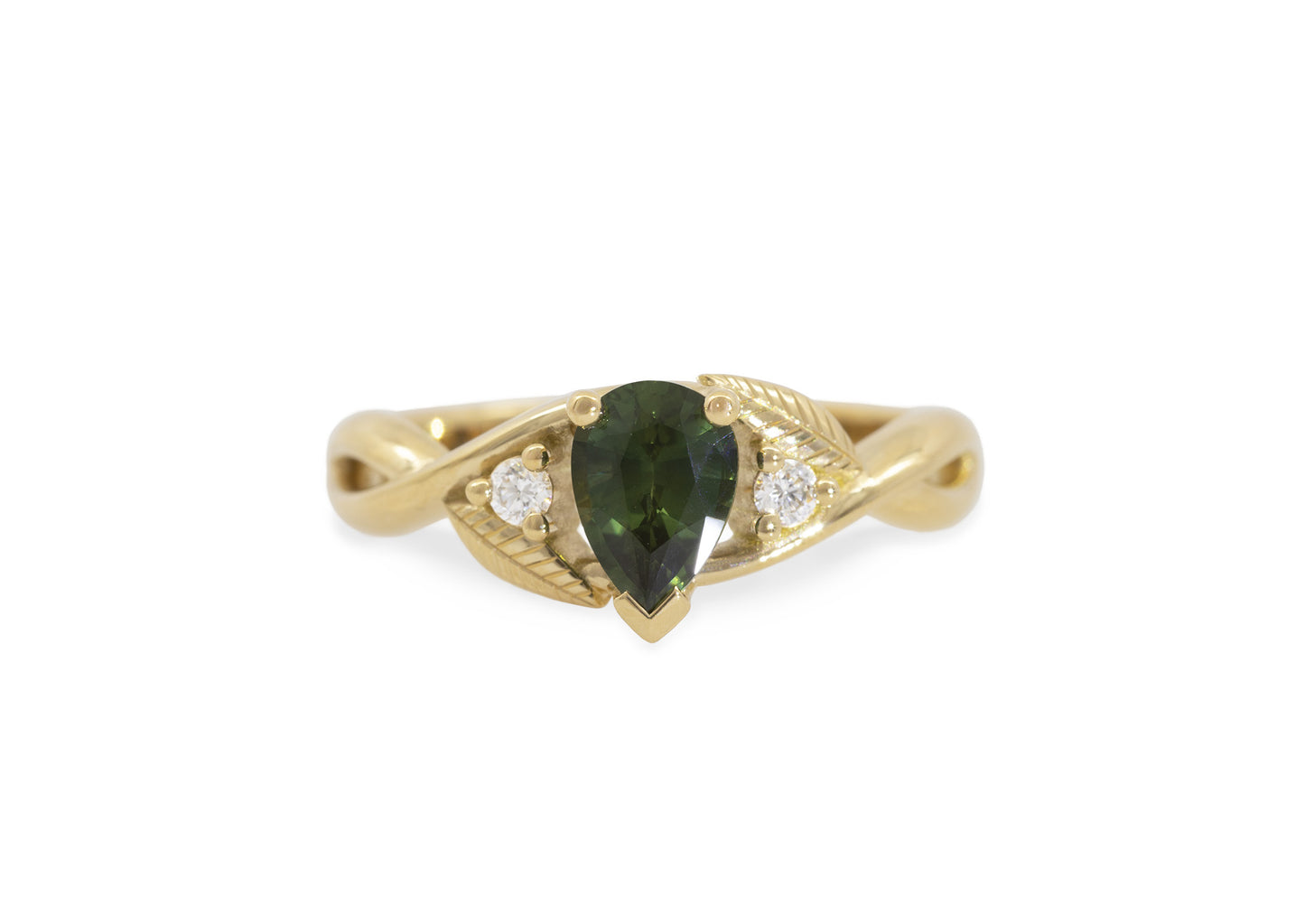 Green Sapphire Elvish Engagement Ring, Yellow Gold
