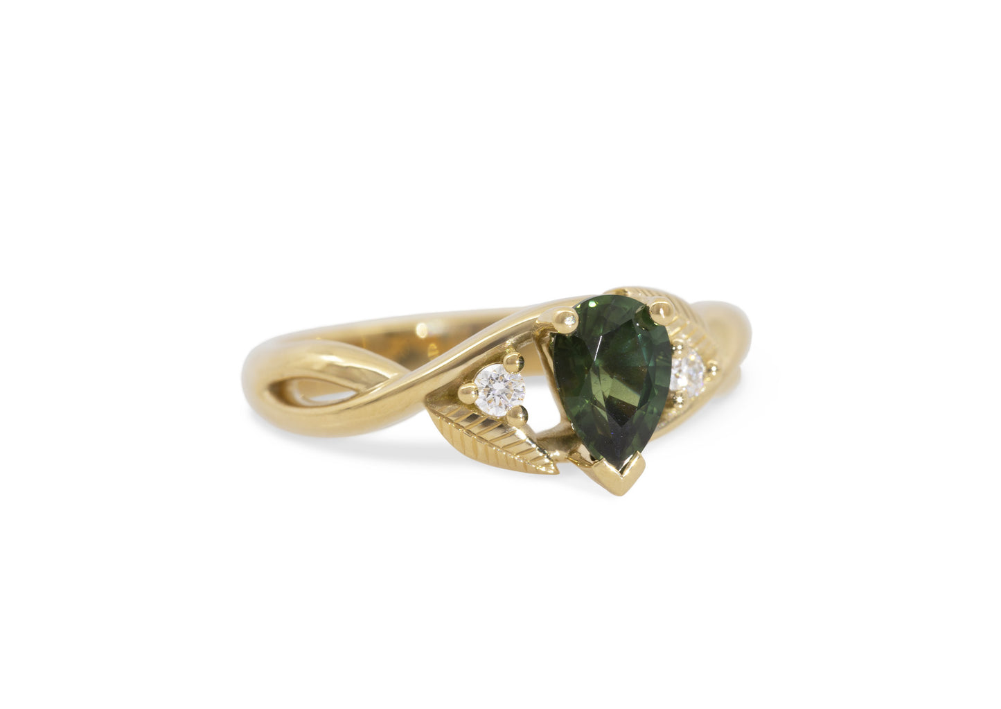 Green Sapphire Elvish Engagement Ring, Yellow Gold