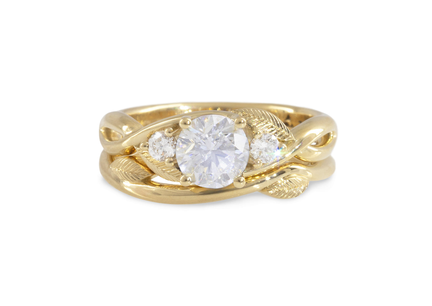 Three-Stone Round Diamond Elvish Vine Engagement Ring, Yellow Gold