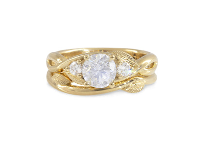 Three-Stone Round Diamond Elvish Vine Engagement Ring, Yellow Gold