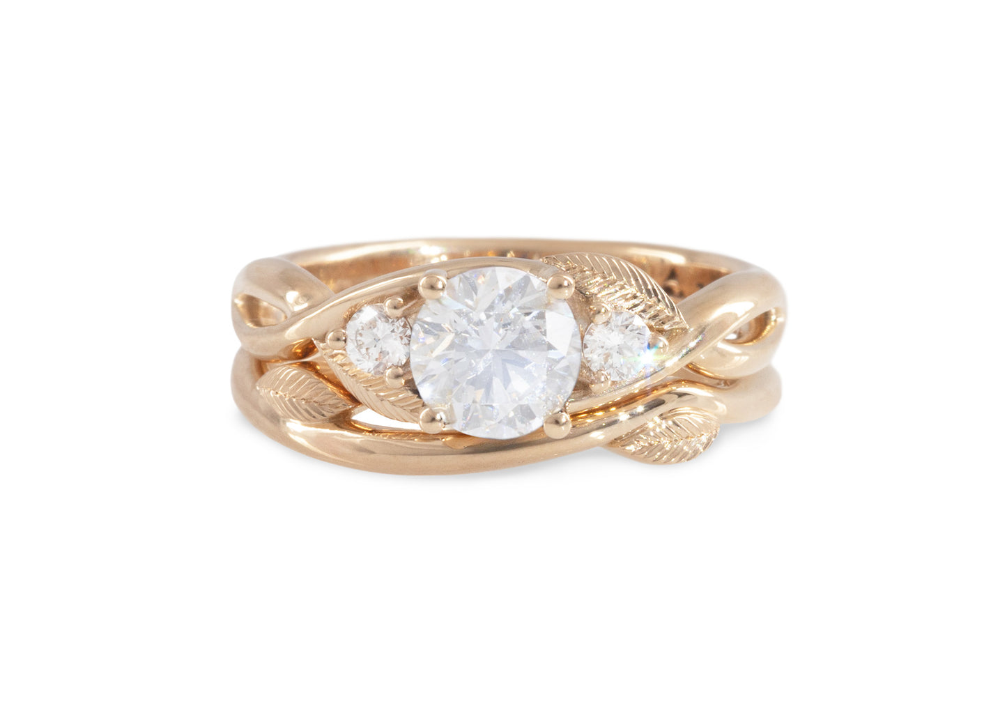 Three-Stone Round Diamond Elvish Vine Engagement Ring, Red Gold