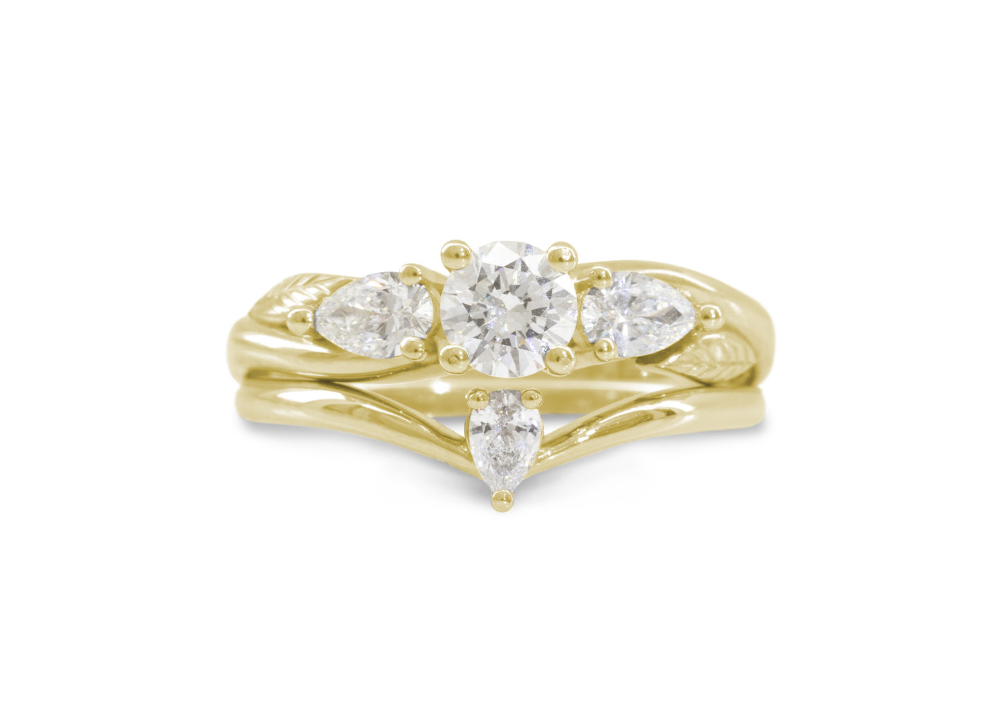 Three-Stone Round & Pear Diamond Elvish Vine Engagement Ring, Yellow Gold
