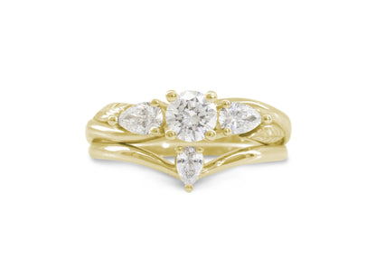 Three-Stone Round & Pear Diamond Elvish Vine Engagement Ring, Yellow Gold