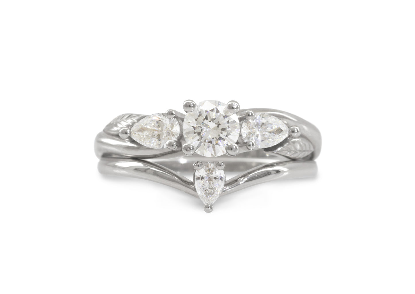 Three-Stone Round & Pear Diamond Elvish Vine Engagement Ring, White Gold & Platinum