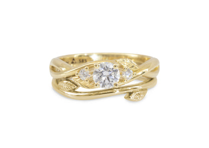 Three-Stone Round Diamond Elvish Vine Engagement Ring, Yellow Gold