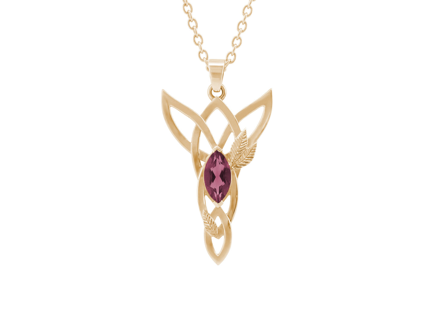 Marquise Gemstone Elvish Woodland Pendant, Red Gold