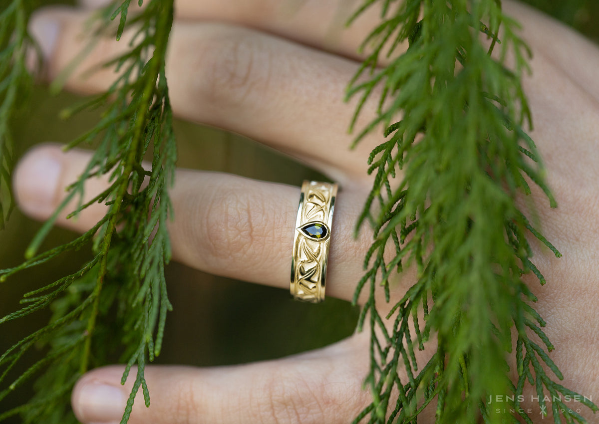 Elvish Leaf Gemstone Ring, Yellow Gold
