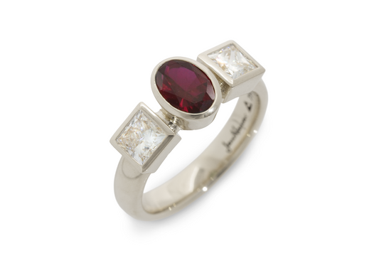Personalised Oval and Square Gemstone Ring, White Gold & Platinum