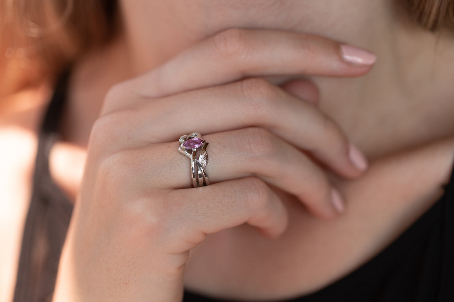 Marquise Gemstone Elvish Woodland Ring, White Gold & Platinum