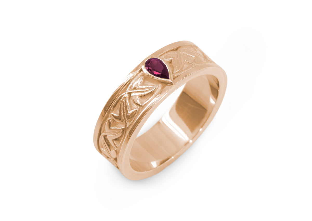 Elvish Leaf Gemstone Ring, Red Gold
