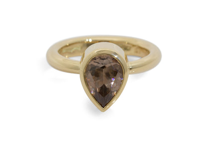 Pear Shaped Cognac Zircon Ring, Yellow Gold