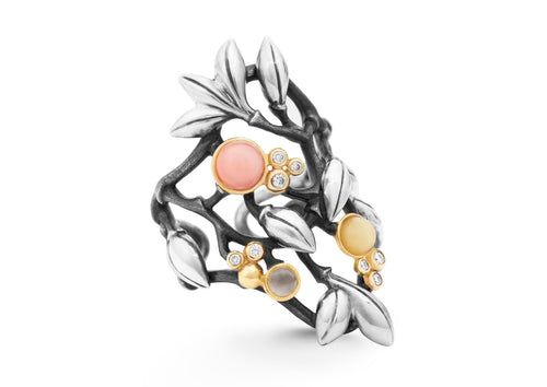 Silver Forest ring in gold and silver with mixed stones and diamonds TW.VS